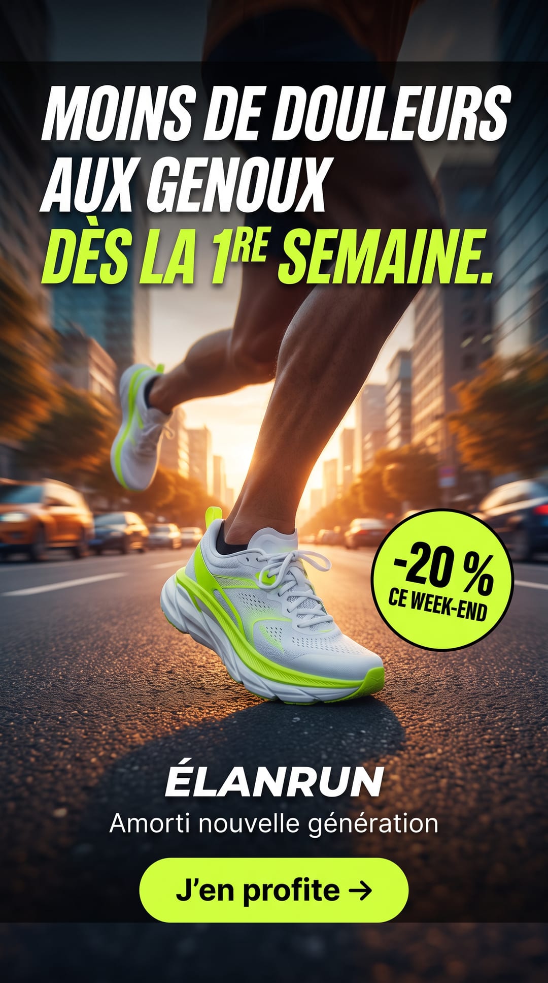 Pub pour des baskets de running : « Moins de douleurs aux genoux dès la 1re semaine. »