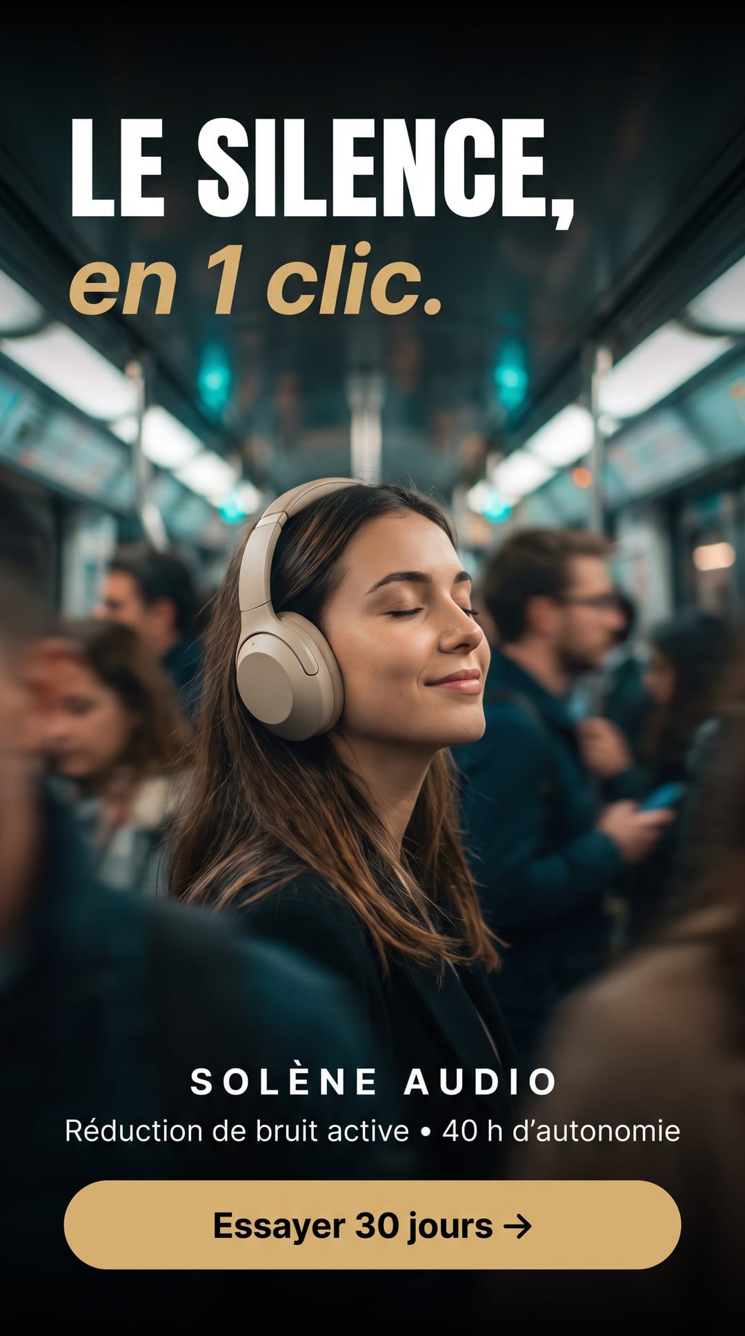 Pub pour un casque audio : « Le silence, en 1 clic. »